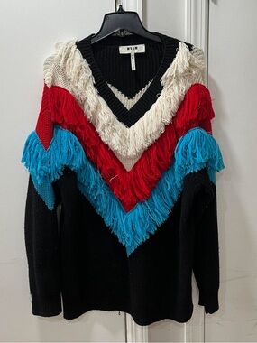 MSGM Black V-Neck Sweater with White, Red & Bright Blue Fringe